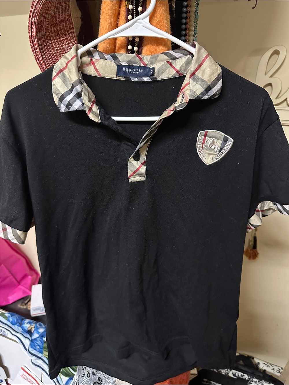 Burberry Black Polo with Signature Beige Check Trim